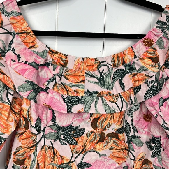 Cecelia Peterson Top XS Pink Green Floral Button Up Off Shoulder Puff Sleeves - Picture 7 of 11